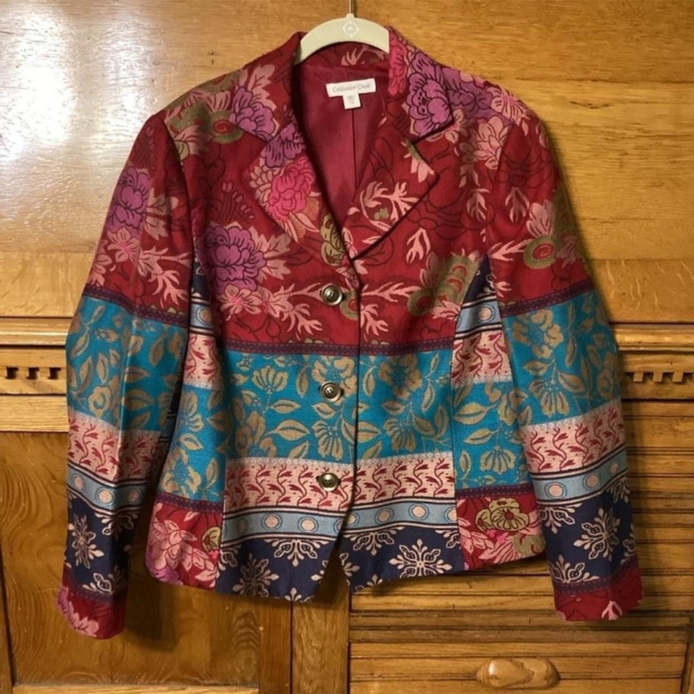 Coldwater Creek Boho Chic Eclectic Tapestry Blazer Floral Patchwork Jacket Retro
